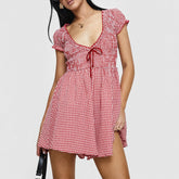 BXOXO Women Y2k Gingham Playsuit Short Sleeve Smocked Babydoll Bodysuit Rompers Flowy A-Line Club Dress Retro Streetwear